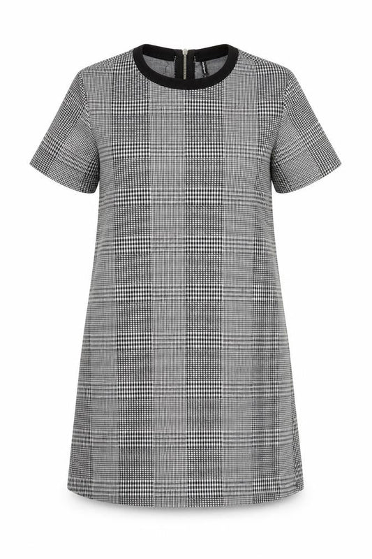 Stradivarius Women Grey Check Shift Dress Size 12 Short Sleeve Zip Back