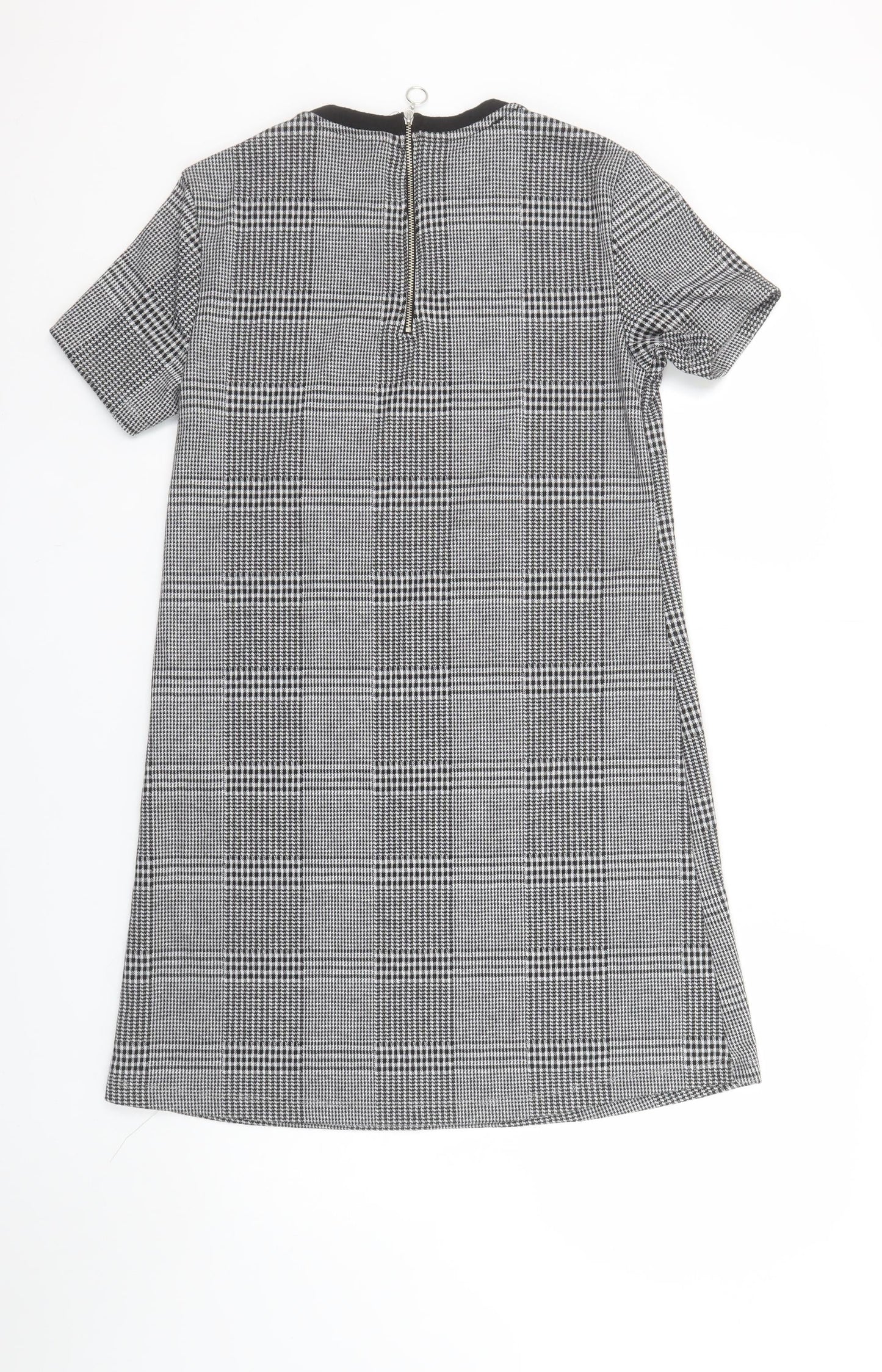 Stradivarius Women Grey Check Shift Dress Size 12 Short Sleeve Zip Back