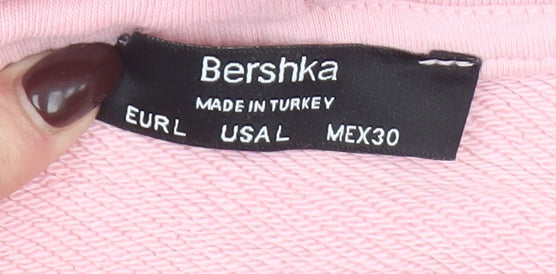 Bershka Women's Pink Cropped Pullover Hoodie Size L