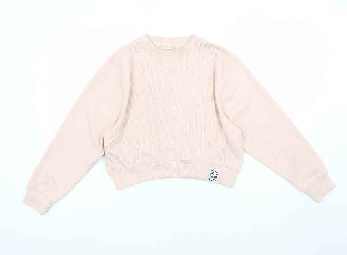 F&F Girls Beige Pullover Sweatshirt 12-13 Years Crew Neck 'Good Vibes'