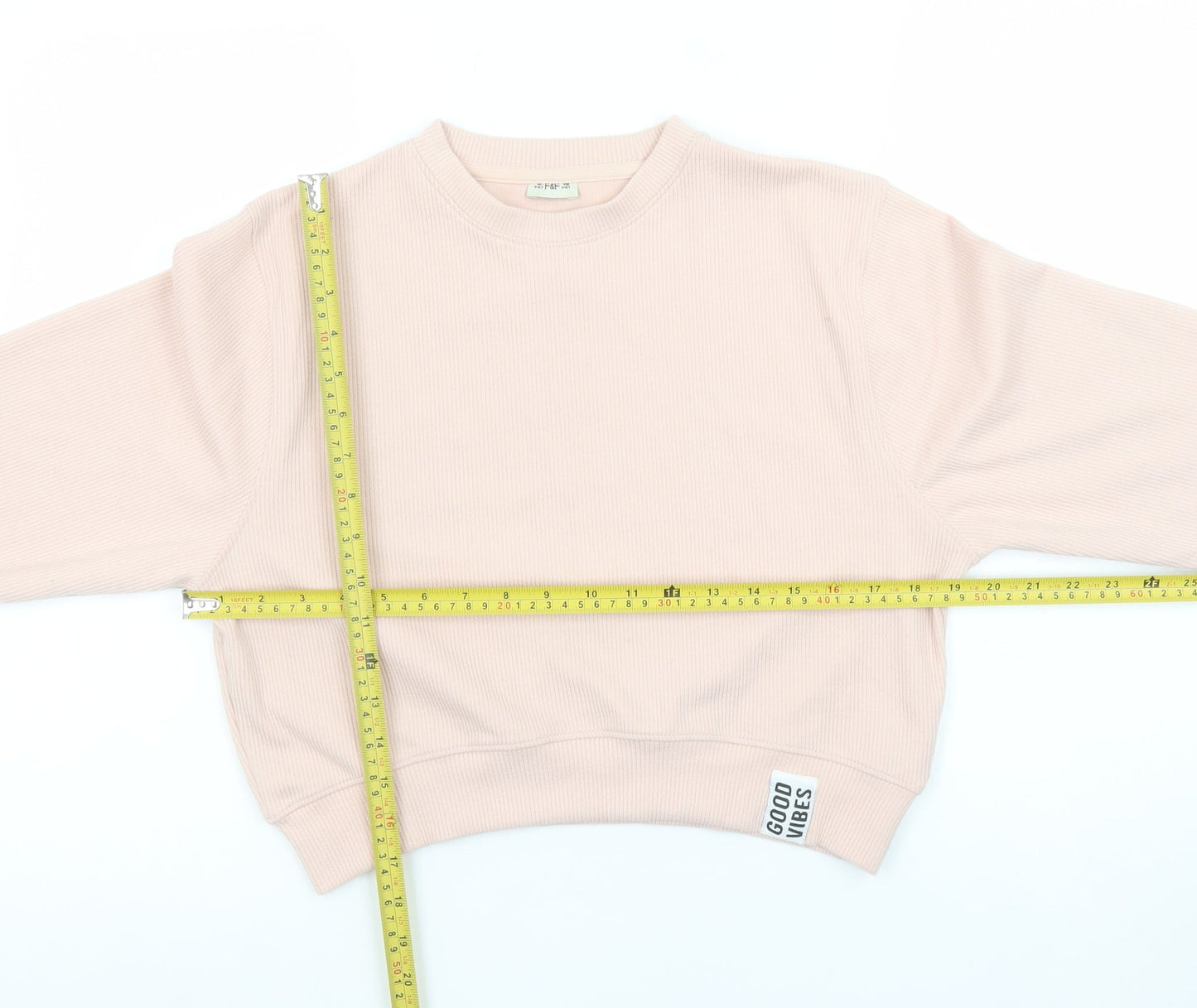 F&F Girls Beige Pullover Sweatshirt 12-13 Years Crew Neck 'Good Vibes'