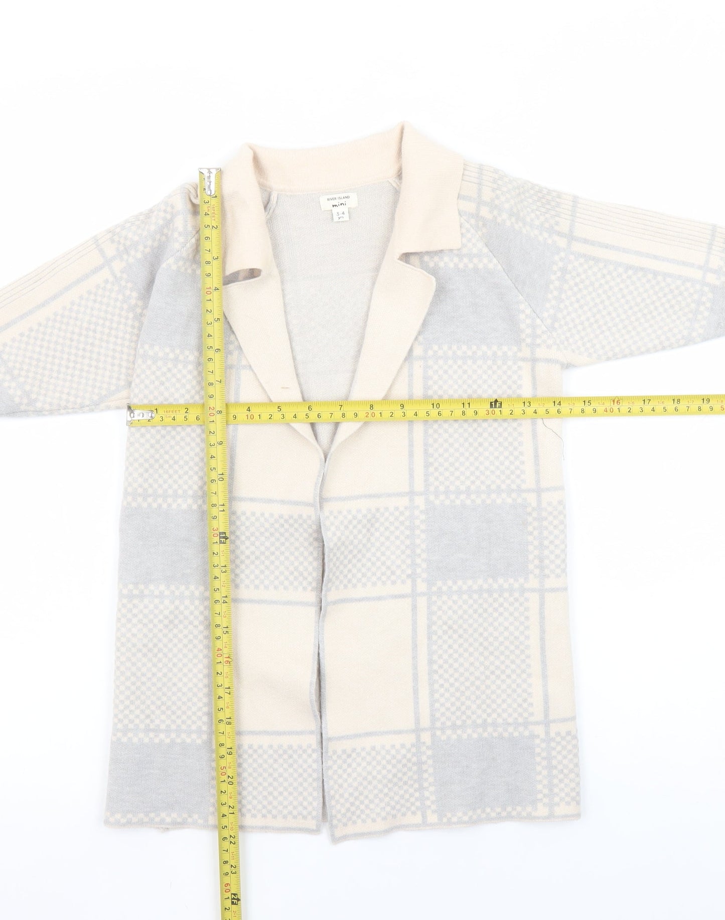 River Island Mini Girls Beige & Grey Checked Cardigan 3-4 Years