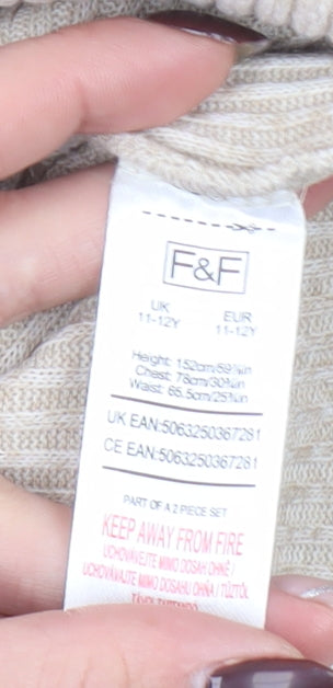 F&F Girls Beige Rib Knit Pullover Hoodie 11-12 Years Long Sleeve