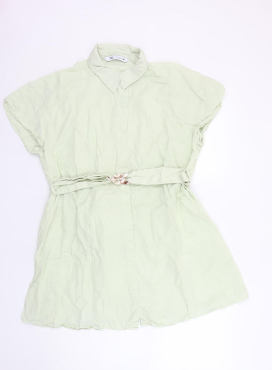 Zara Women Green Short Sleeve Shirt Dress Size 12 Linen Blend