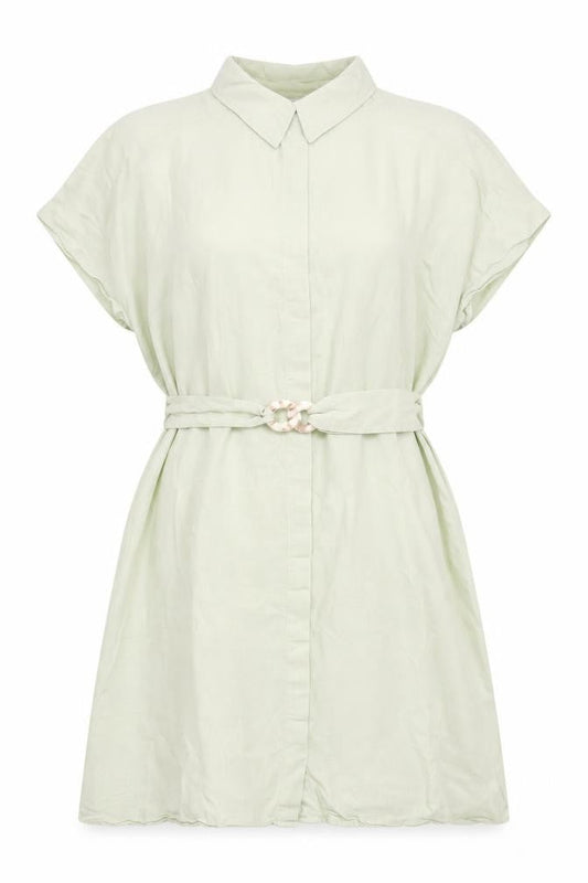 Zara Women Green Short Sleeve Shirt Dress Size 12 Linen Blend