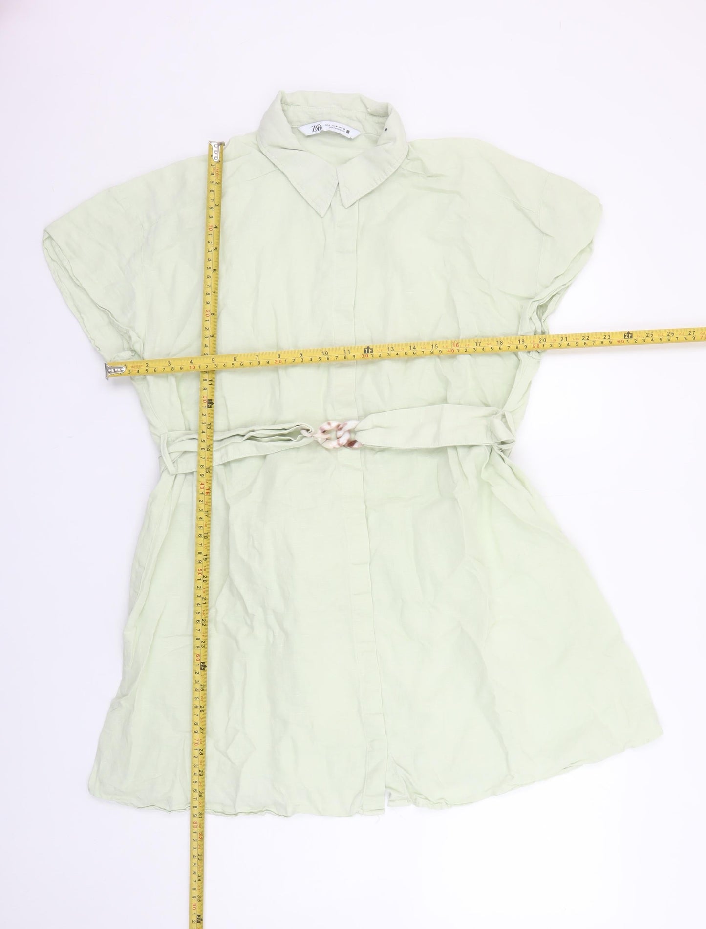 Zara Women Green Short Sleeve Shirt Dress Size 12 Linen Blend