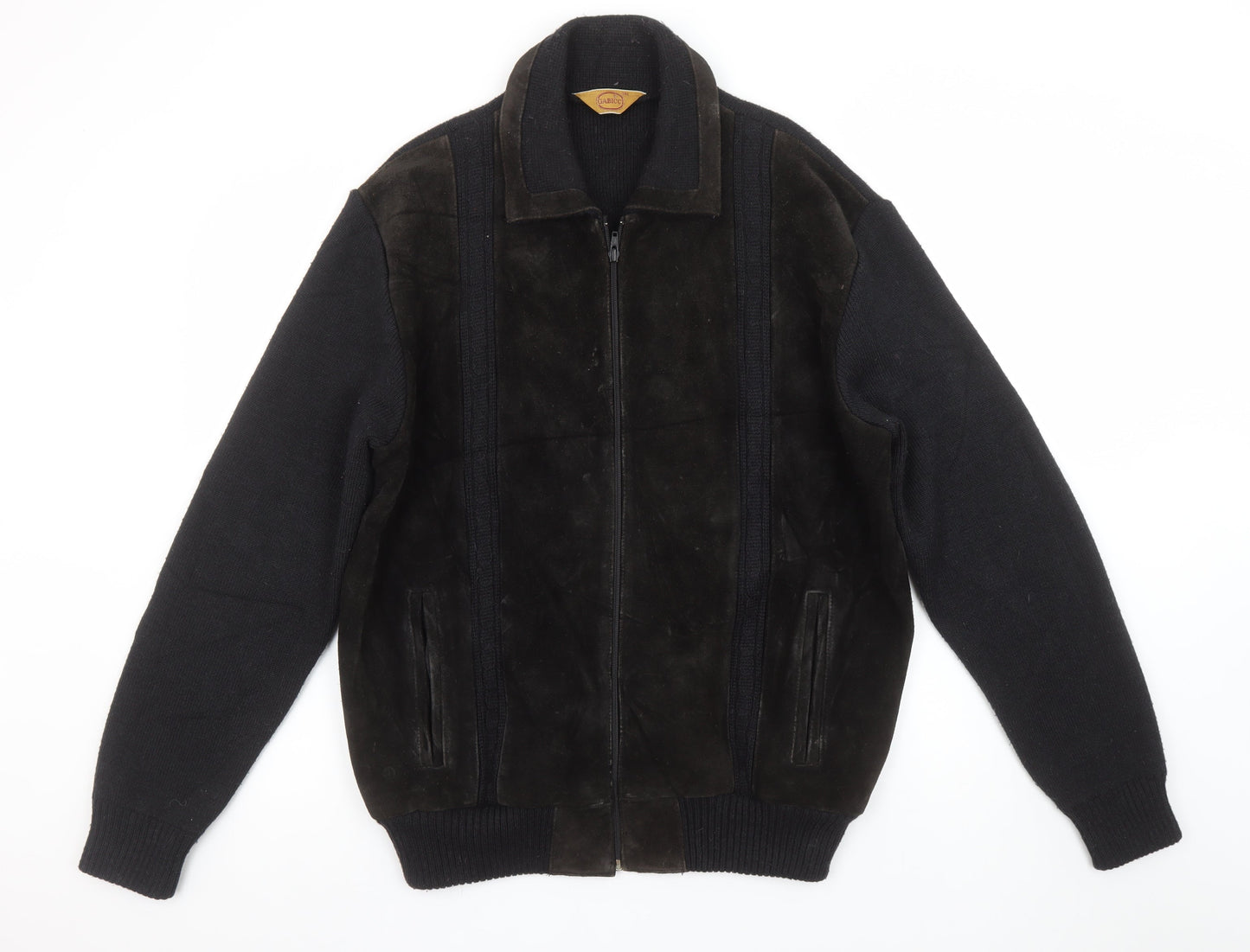 Gabicci Mens Black Leather Wool Bomber Jacket L Classic Zip Casual