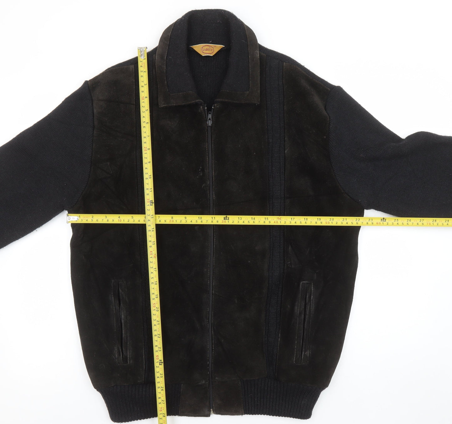 Gabicci Mens Black Leather Wool Bomber Jacket L Classic Zip Casual