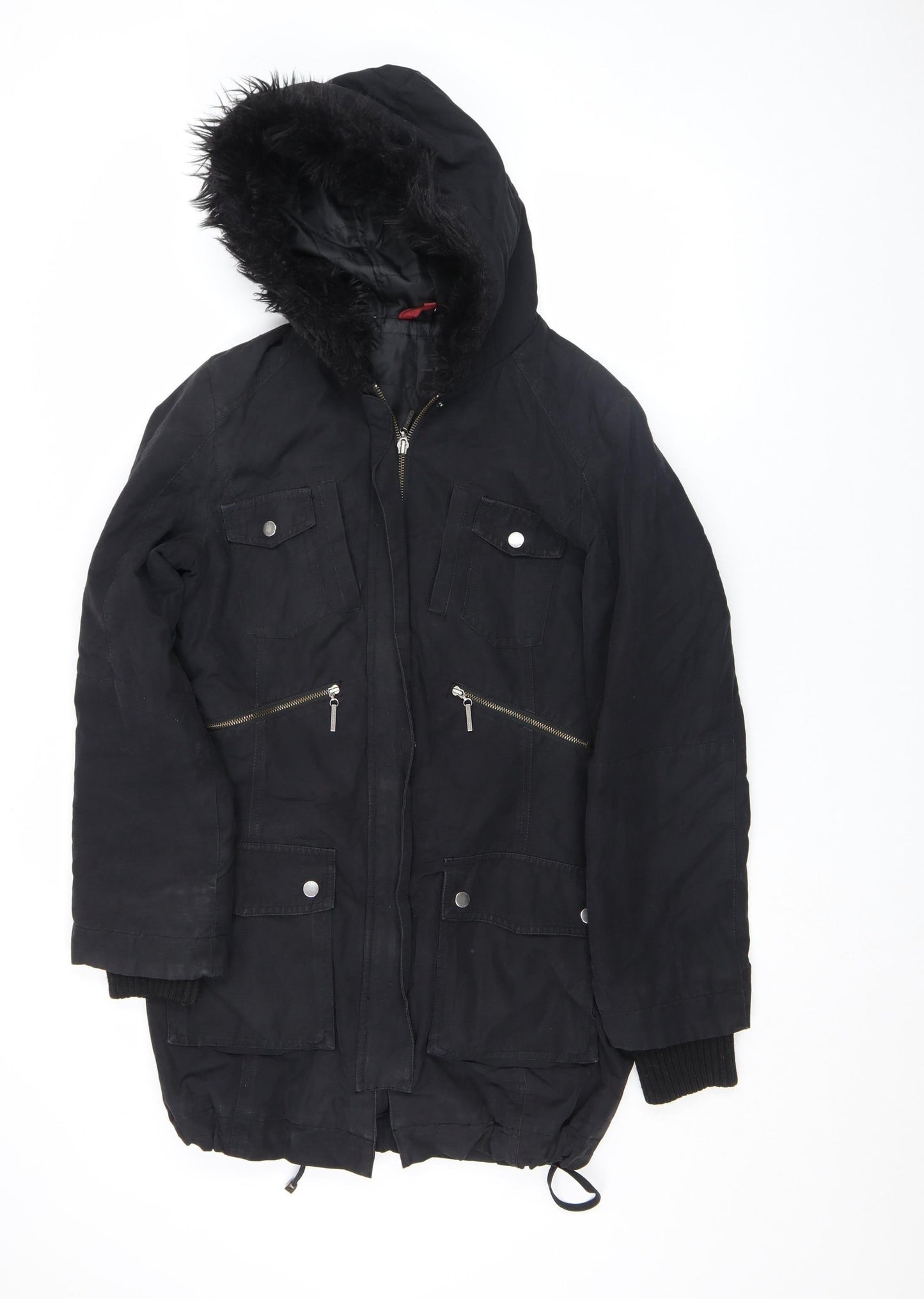 John Lewis Womens Black Hooded Parka Coat Size 12 Long Sleeve Lined