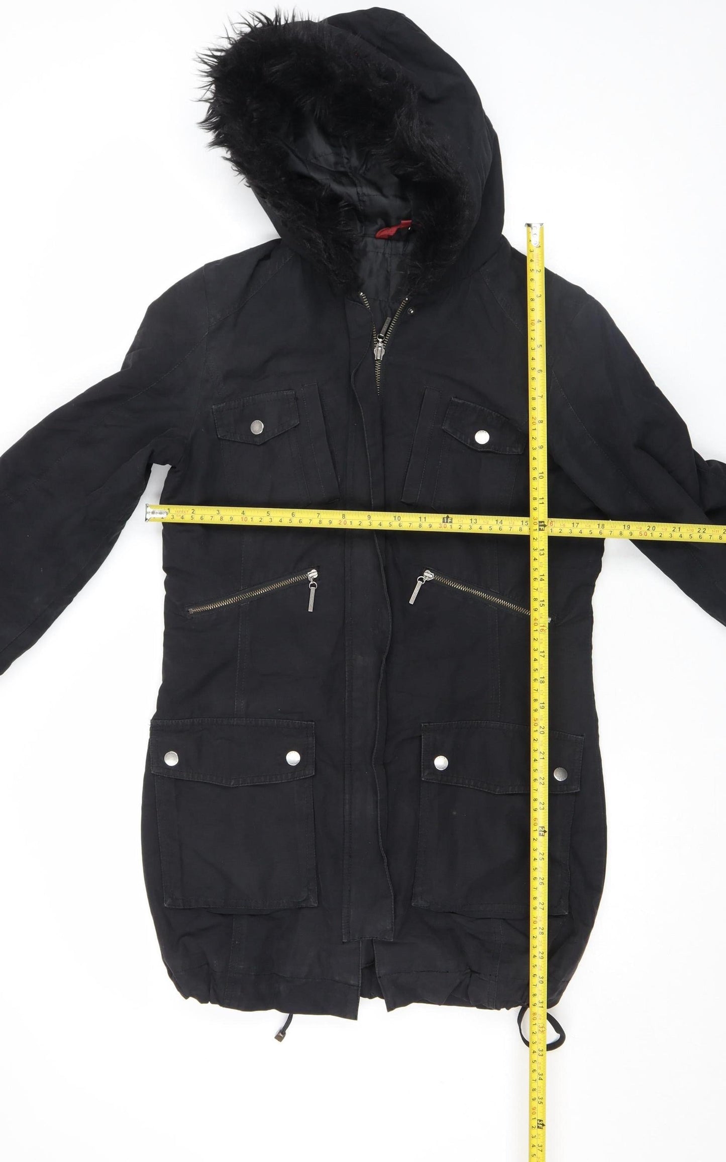 John Lewis Womens Black Hooded Parka Coat Size 12 Long Sleeve Lined
