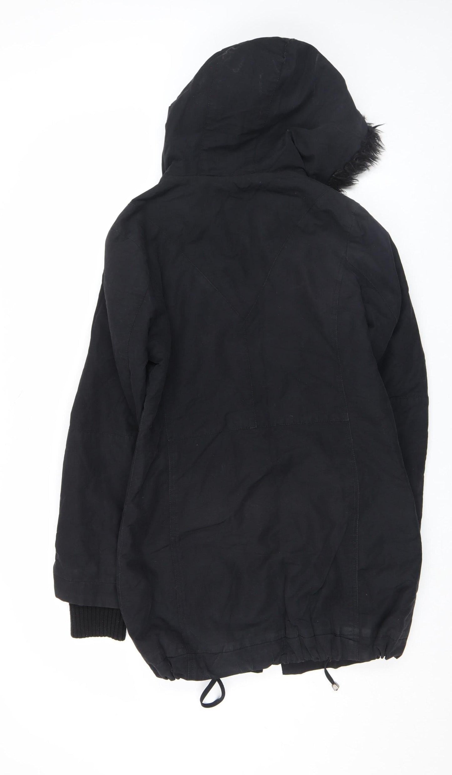 John Lewis Womens Black Hooded Parka Coat Size 12 Long Sleeve Lined