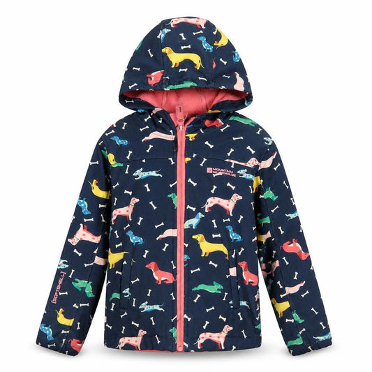 Front view of Mountain Warehouse girls’ blue dog print softshell hooded jacket 5-6 yrs