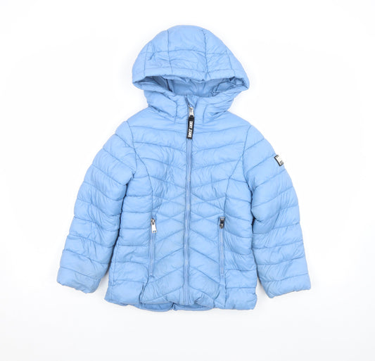 DKNY Girls Blue Hooded Puffer Jacket 6 Years Polyester Winter Quilted Zip Up