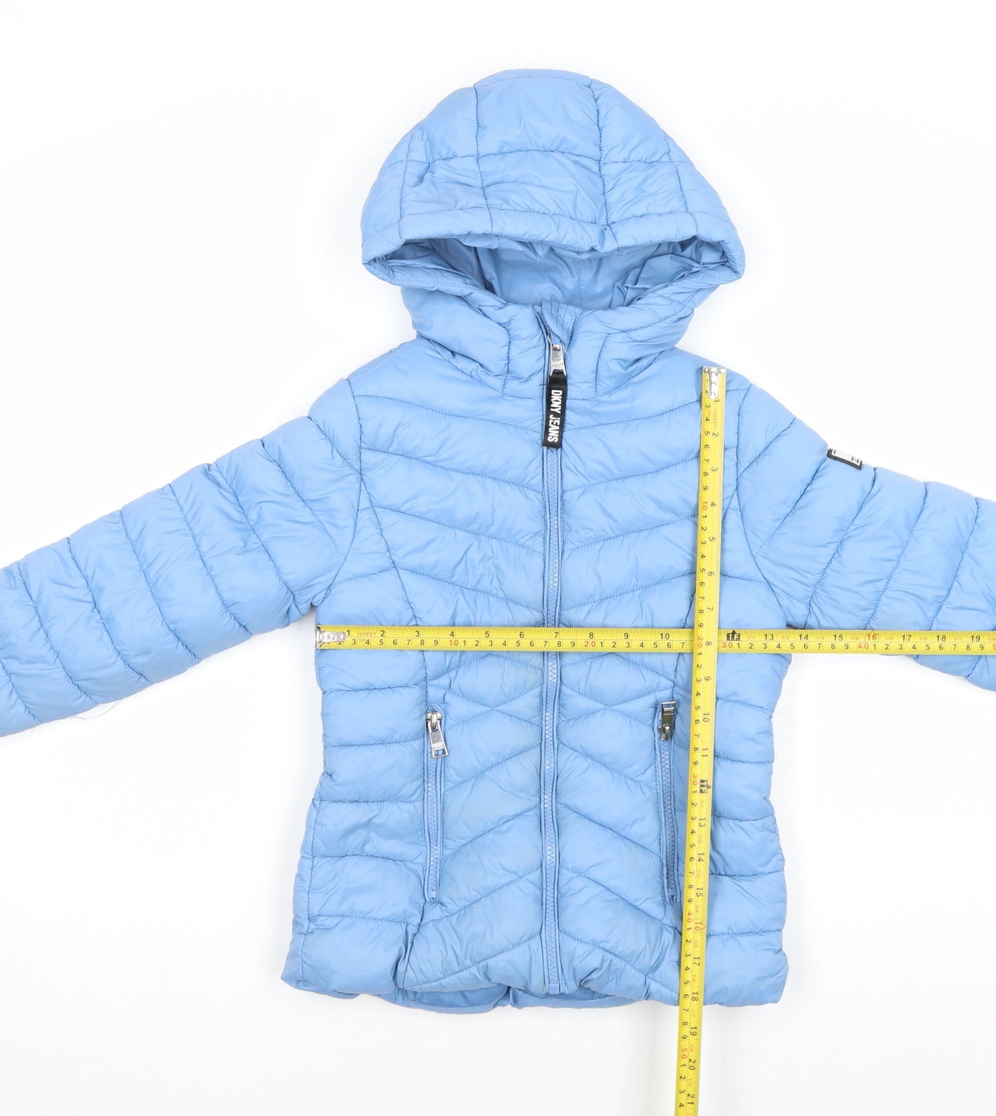 DKNY Girls Blue Hooded Puffer Jacket 6 Years Polyester Winter Quilted Zip Up