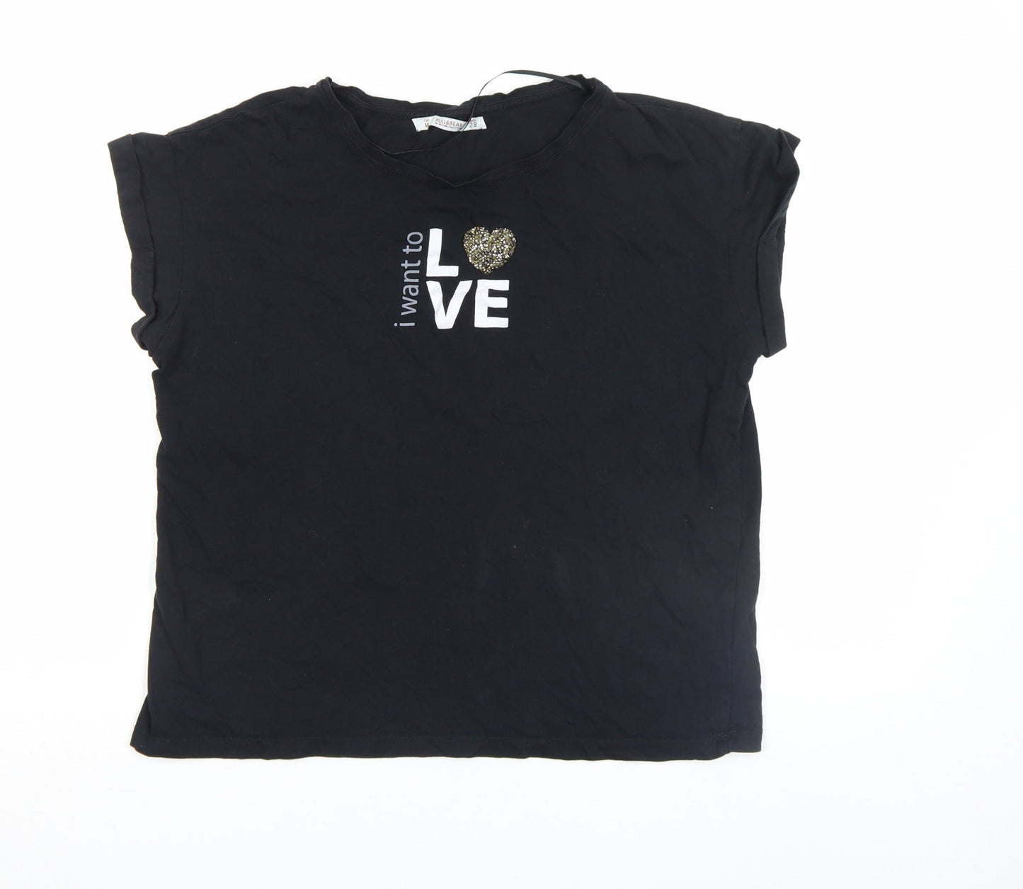 Pull&Bear Women's Black Sequin Love Print Short Sleeve T-Shirt Size M