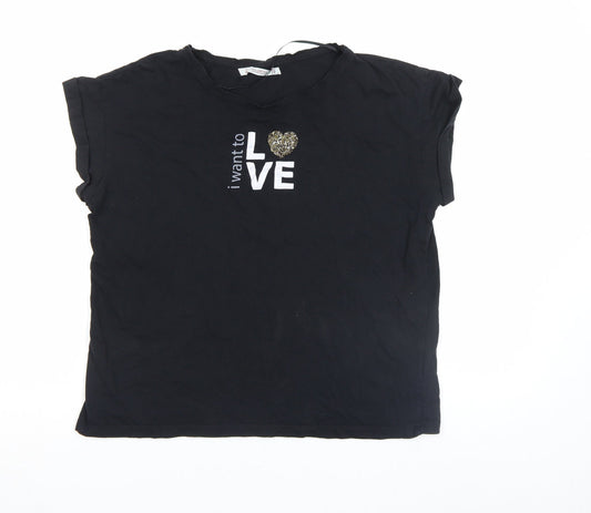 Pull&Bear Women's Black Sequin Love Print Short Sleeve T-Shirt Size M