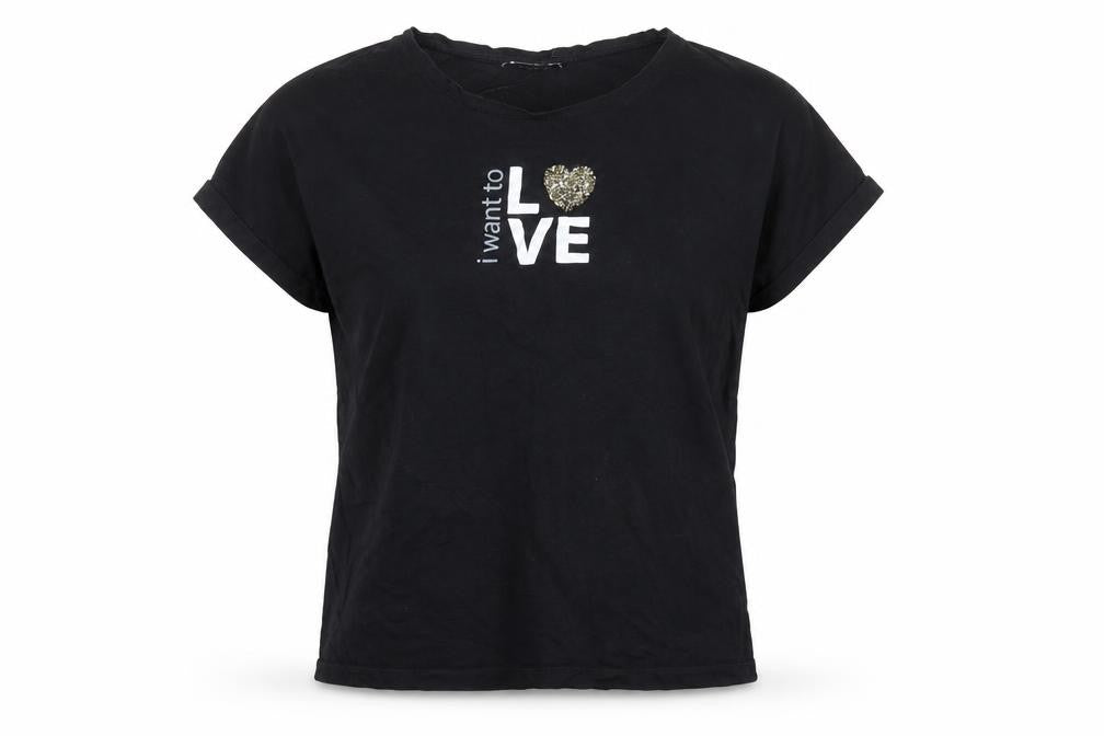 Pull&Bear Women's Black Sequin Love Print Short Sleeve T-Shirt Size M