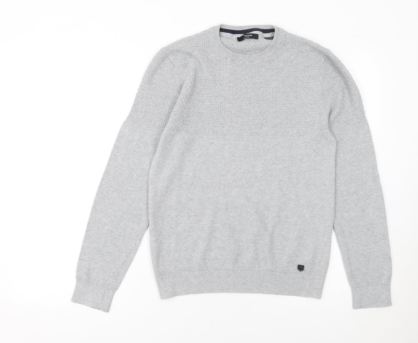 Jack & Jones Men’s Grey Waffle-Knit Crew Neck Jumper Size S