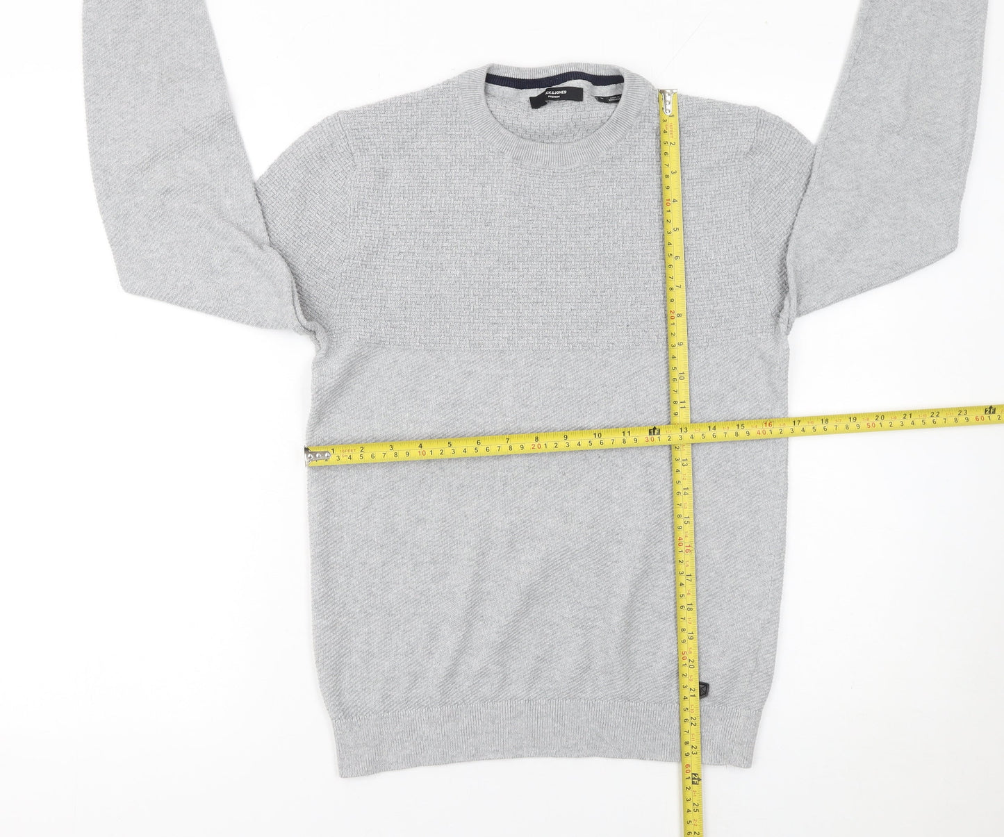 Jack & Jones Men’s Grey Waffle-Knit Crew Neck Jumper Size S
