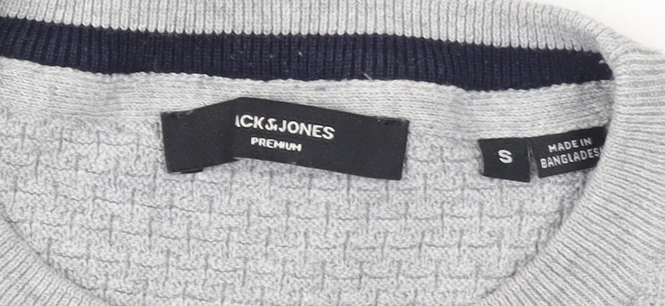 Jack & Jones Men’s Grey Waffle-Knit Crew Neck Jumper Size S