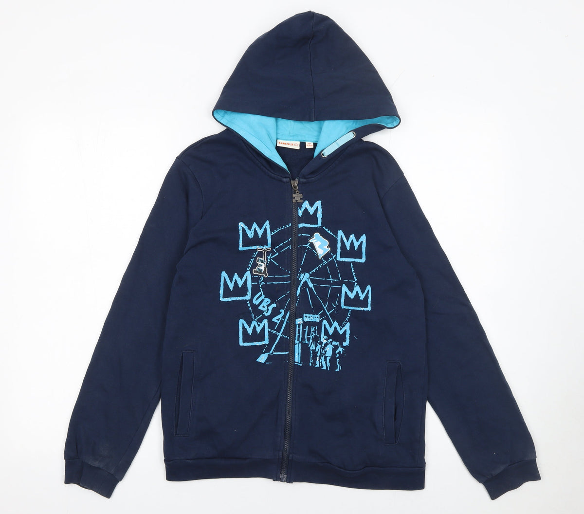 UBS2 Boys Blue Full Zip Graphic Hoodie 14 Years 164cm Cotton Casual