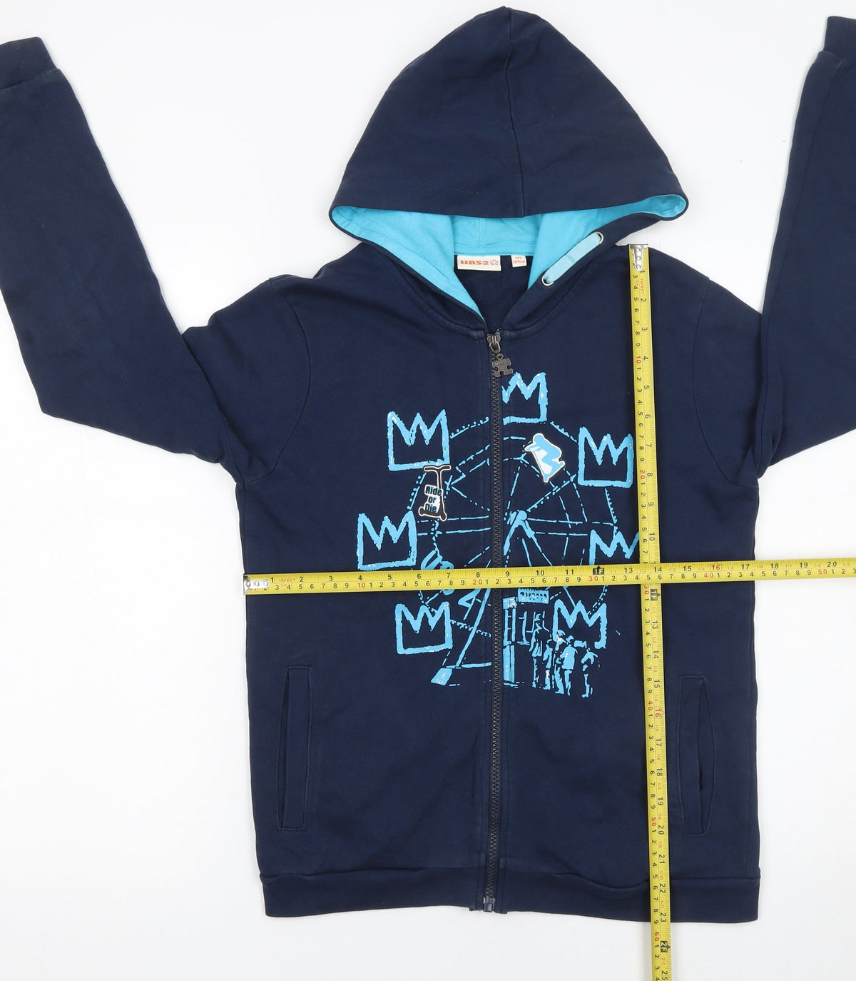 UBS2 Boys Blue Full Zip Graphic Hoodie 14 Years 164cm Cotton Casual