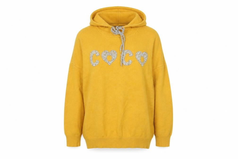 Enzoria Women Mustard Yellow Hooded Pullover Glitter COCO Sweatshirt One Size