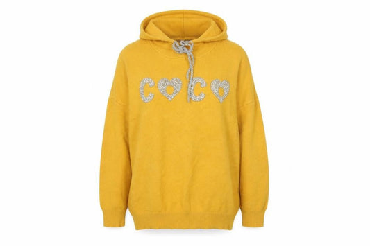 Enzoria Women Mustard Yellow Hooded Pullover Glitter COCO Sweatshirt One Size