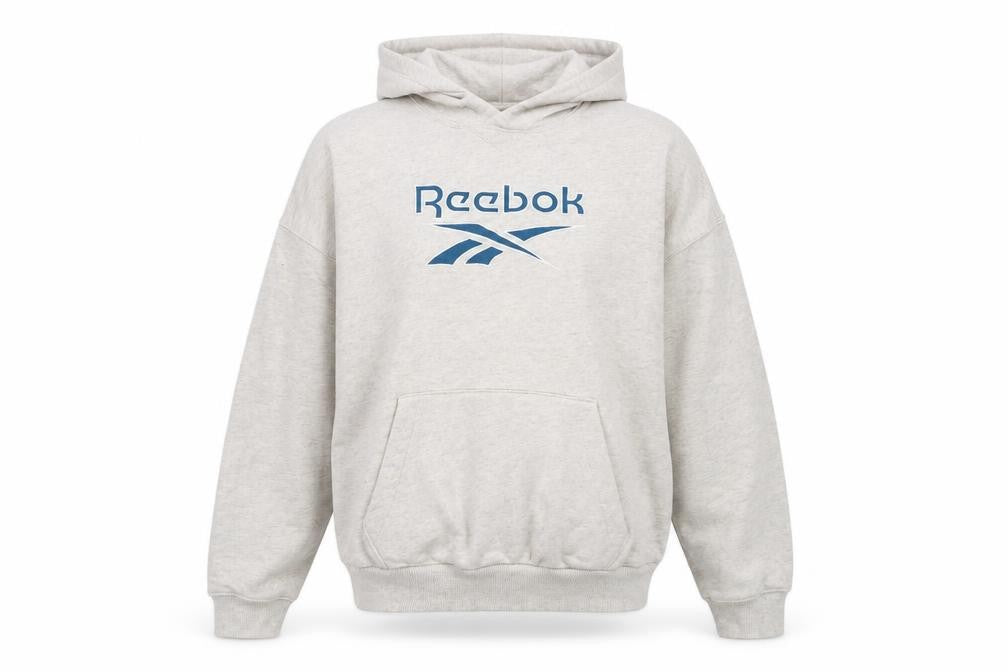 Reebok Women Beige Hooded Pullover Sweatshirt M Cotton Logo Print