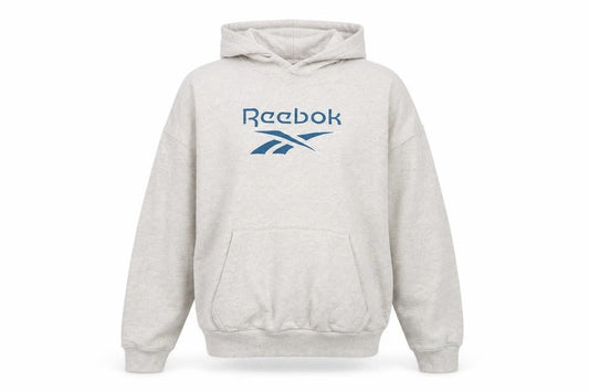 Reebok Women Beige Hooded Pullover Sweatshirt M Cotton Logo Print
