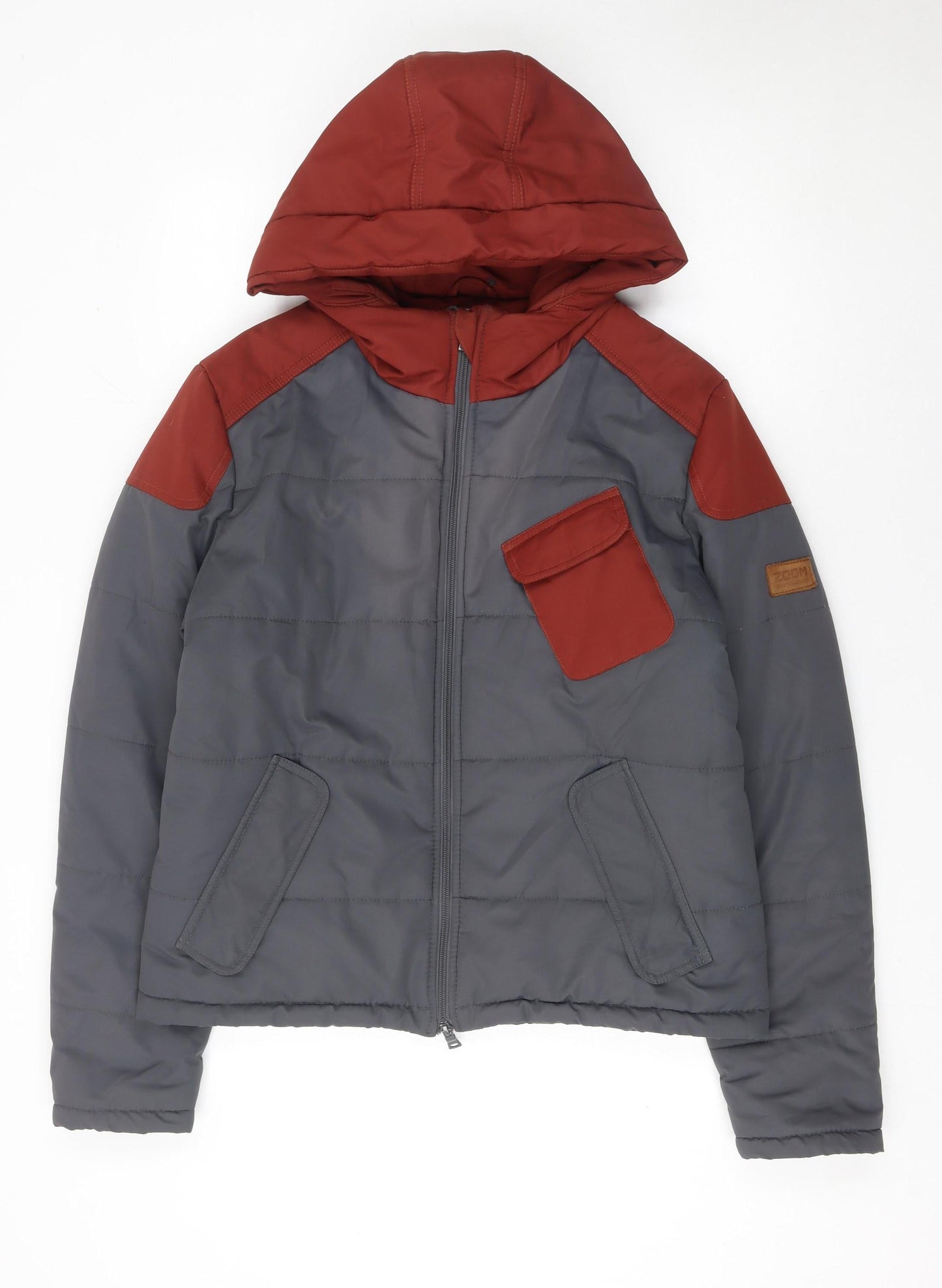 Zoom Womens Grey and Red Hooded Puffer Jacket Size M Winter Coat