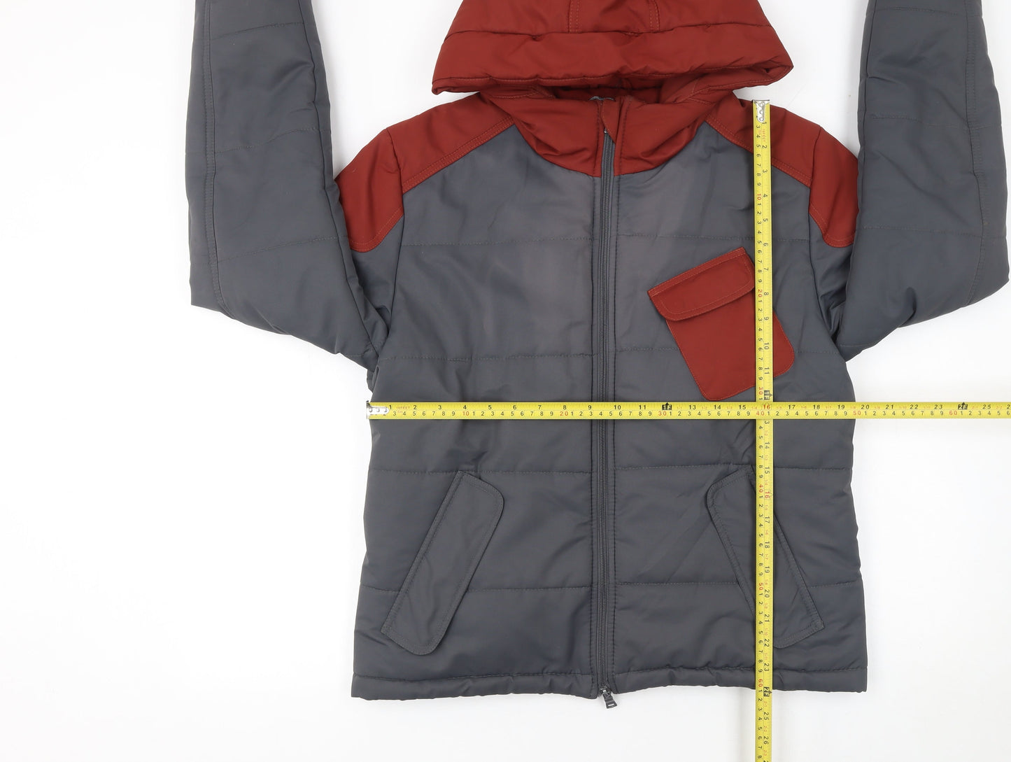 Zoom Womens Grey and Red Hooded Puffer Jacket Size M Winter Coat