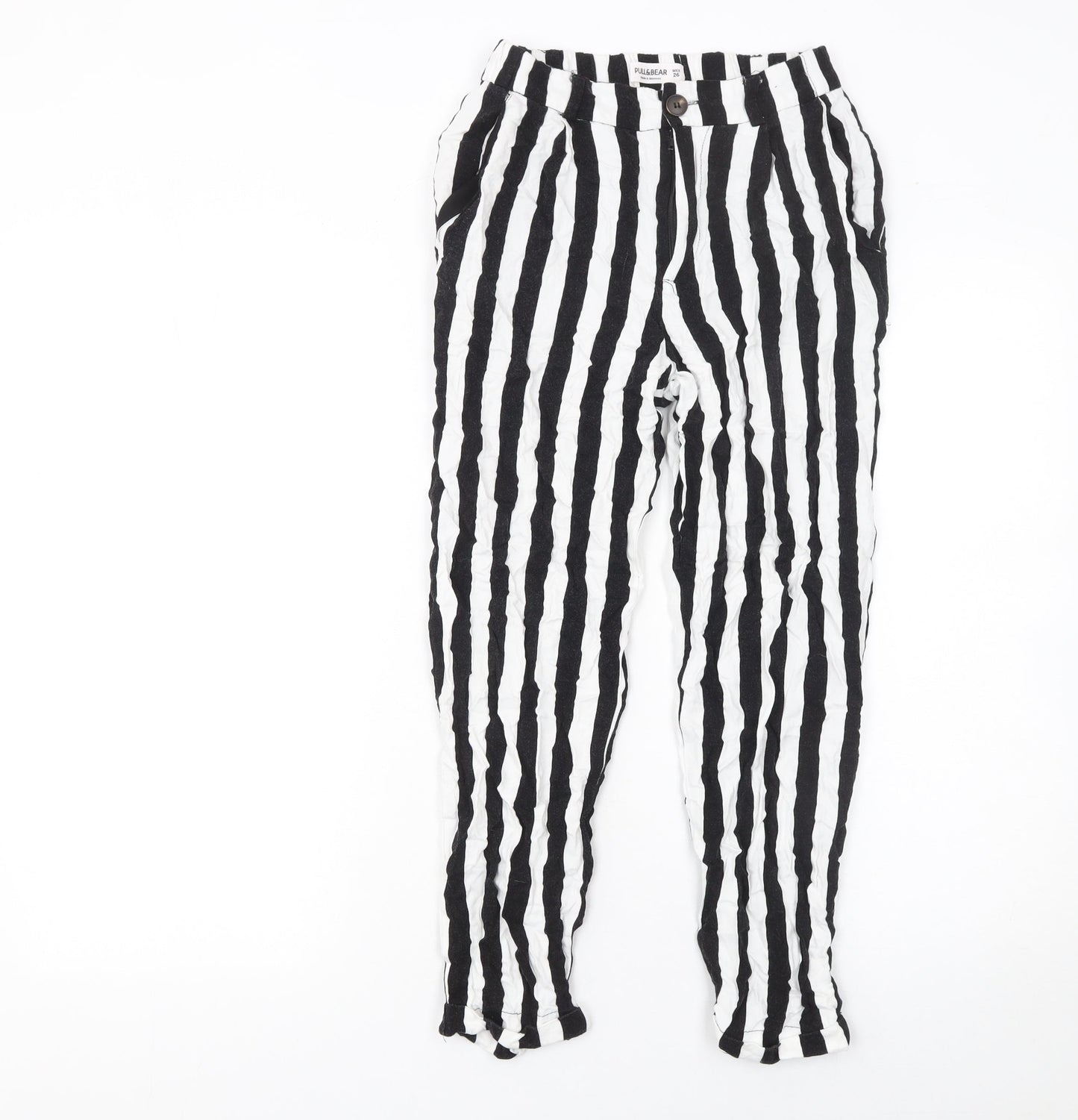 Pull&Bear Womens Black White Striped Viscose Tapered Trousers Size 8