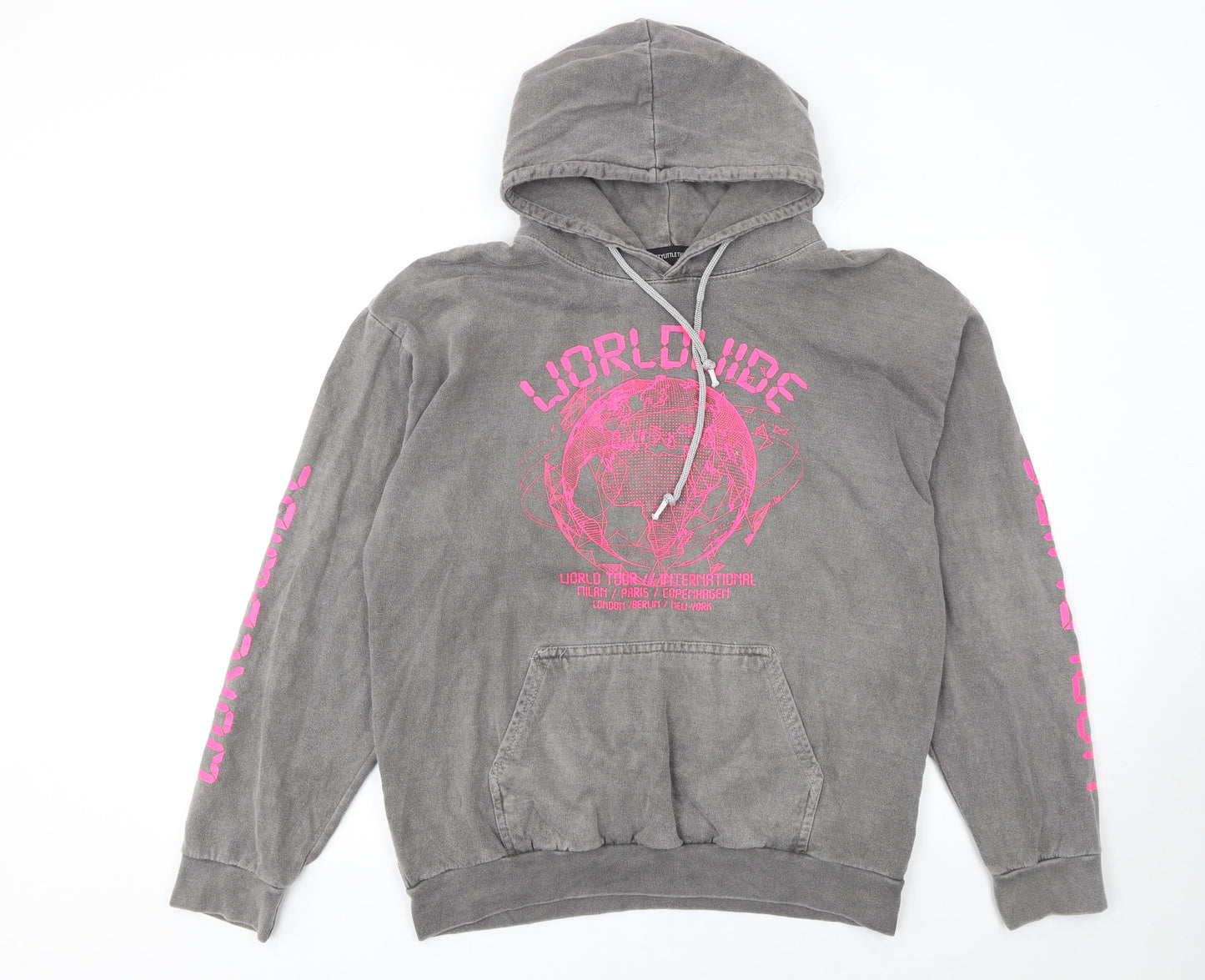 PrettyLittleThing Women Grey Pullover Hoodie Size S Worldwide Graphic
