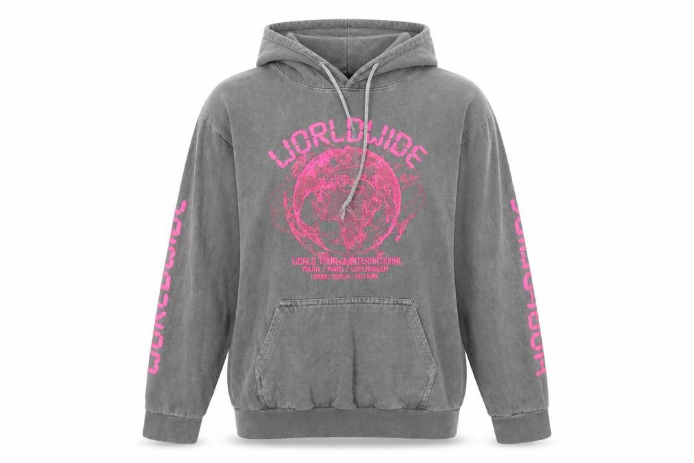 PRETTYLITTLETHING Women Grey Pullover Hoodie Size S Worldwide Graphic