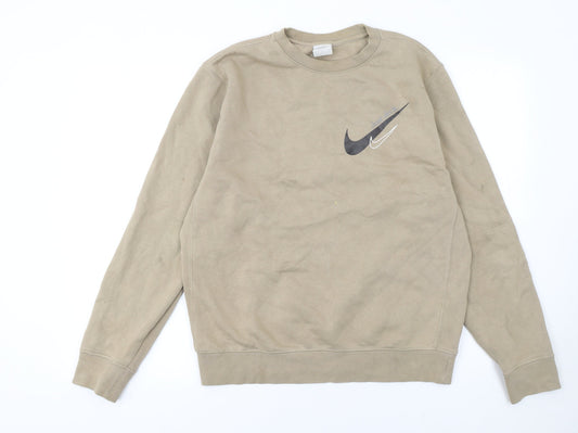 Nike Womens Beige Small Pullover Sweatshirt Cotton Blend Logo Crew Neck