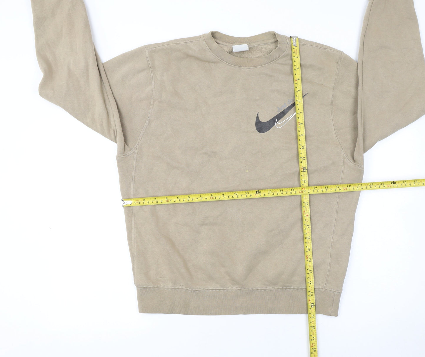 Nike Womens Beige Small Pullover Sweatshirt Cotton Blend Logo Crew Neck