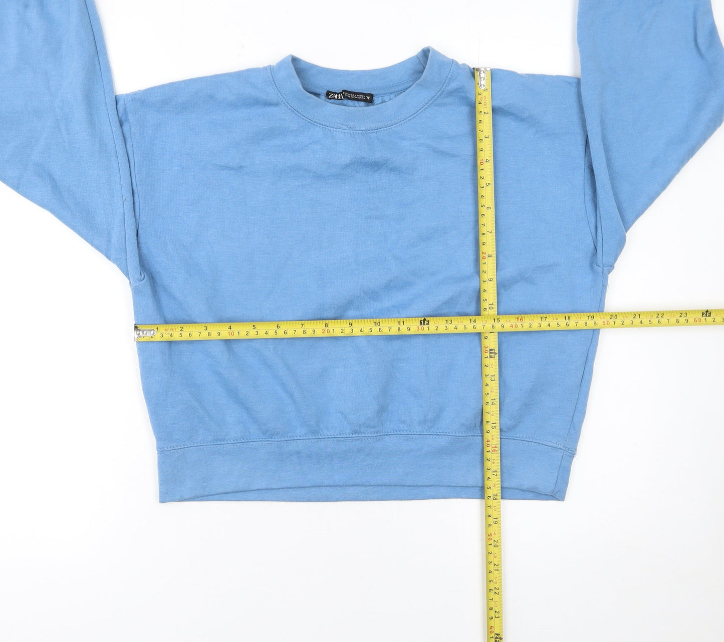 ZARA Womens Blue Cotton Blend Crew Neck Pullover Sweatshirt M