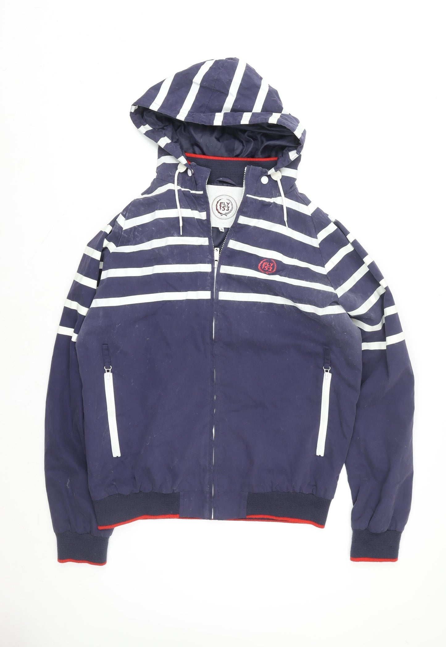 Fly 53 Unisex Blue Striped Hooded Bomber Jacket L