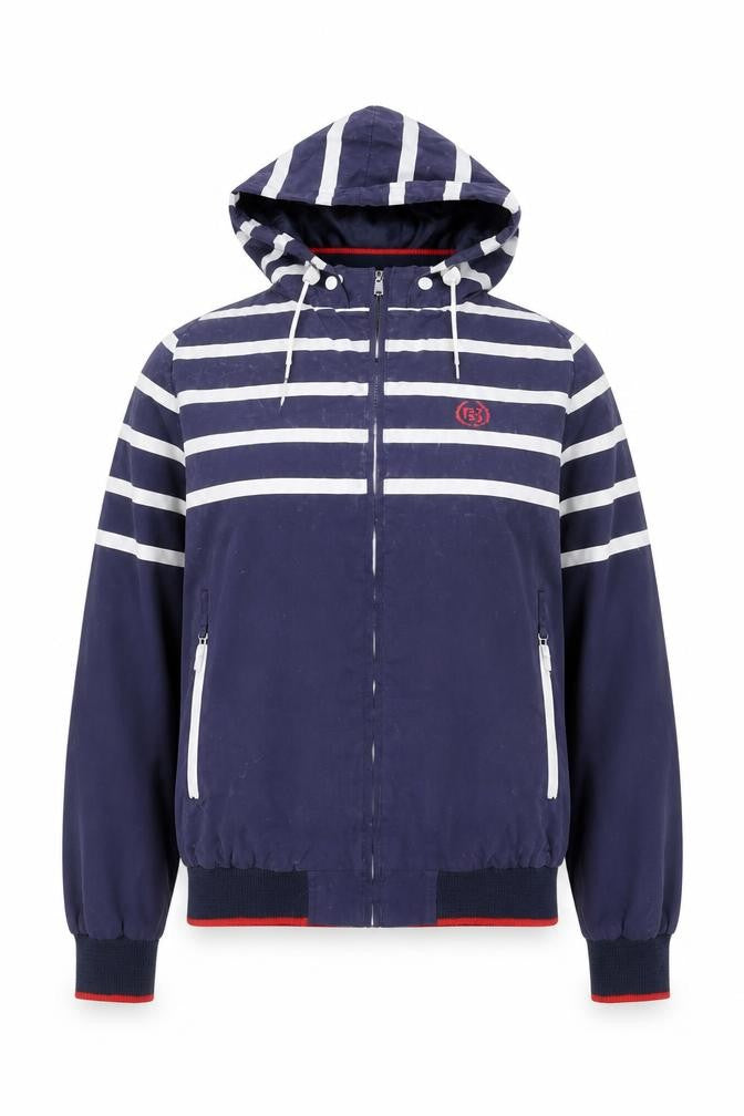 Fly 53 Unisex Blue Striped Hooded Bomber Jacket L