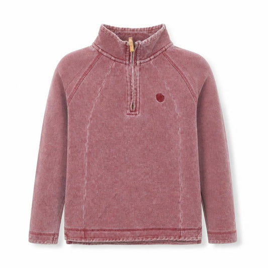 Front view of FatFace boys’ red burgundy 1/4 zip cotton sweatshirt, size 8, years