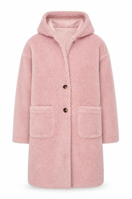 Front view of Miss Selfridge Women’s Pink Fleece Hooded Mid-Length Coat, size UK 8