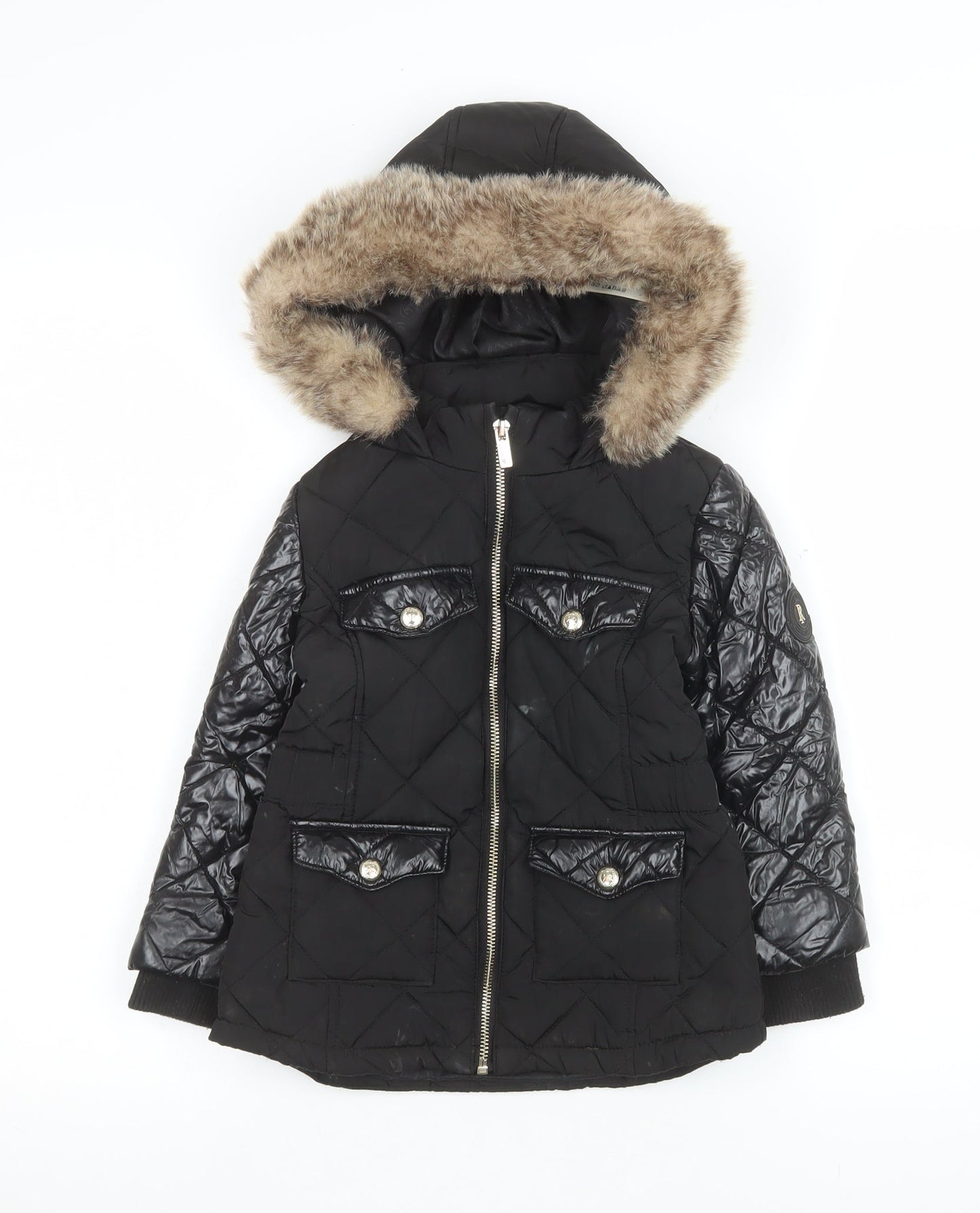 River Island Girls Black Quilted Faux Fur Hooded Puffer Jacket 3-4 Years