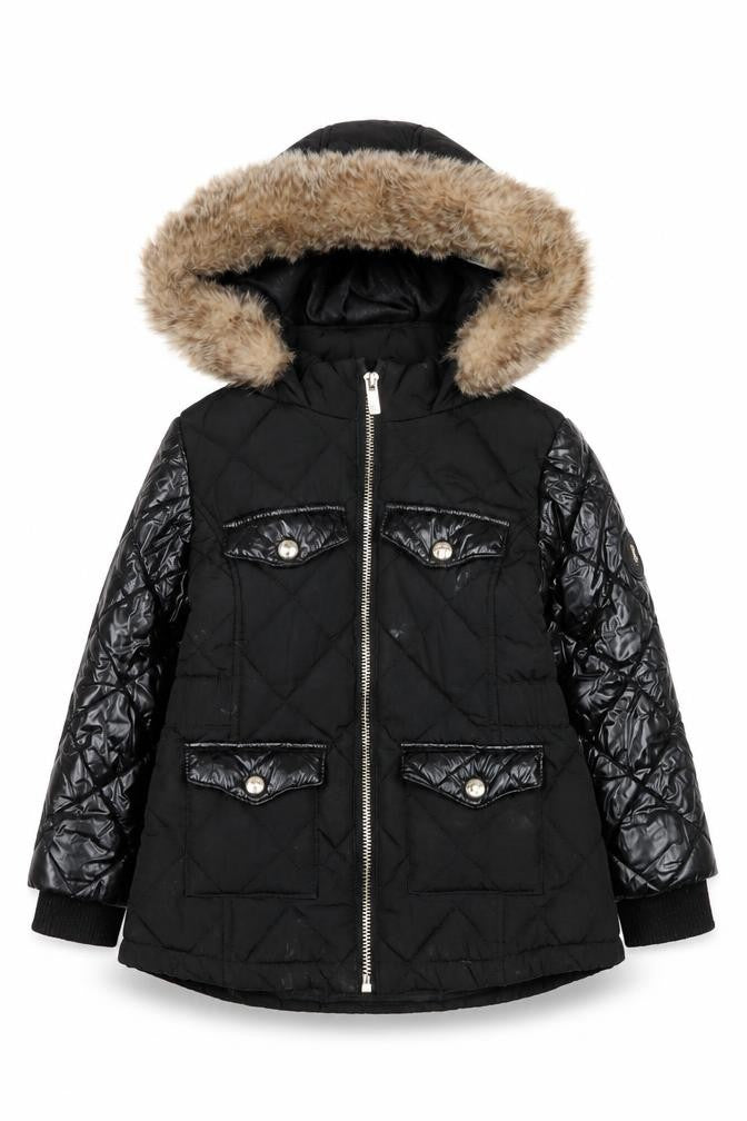 River Island Girls Black Quilted Faux Fur Hooded Puffer Jacket 3-4 Years