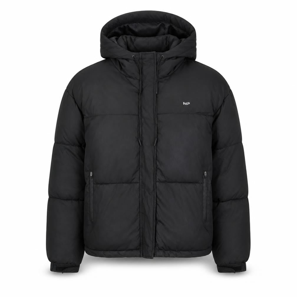Myprotein Women's Black Hooded Puffer Jacket M Short Zip Winter Coat