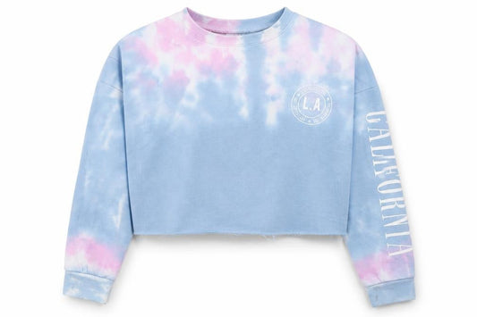 Front view of New Look girls’ multicoloured tie dye la california cropped sweatshirt 12-13 years