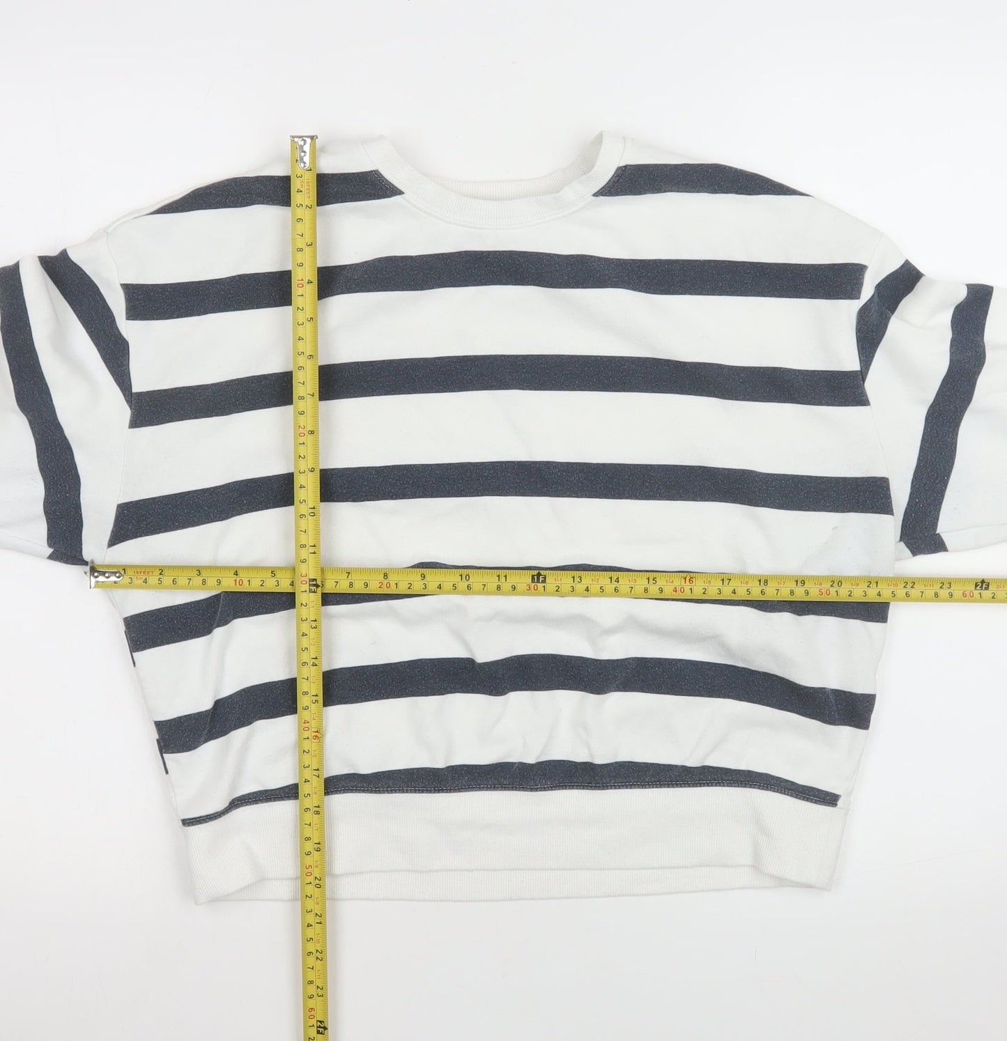 New Look Women White Navy Striped Pullover Sweatshirt Size M