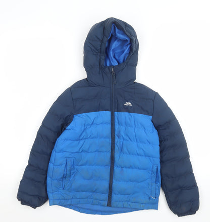 Additional front view of Trespass boys’ blue hooded puffer jacket 7-8 years water & wind resistant