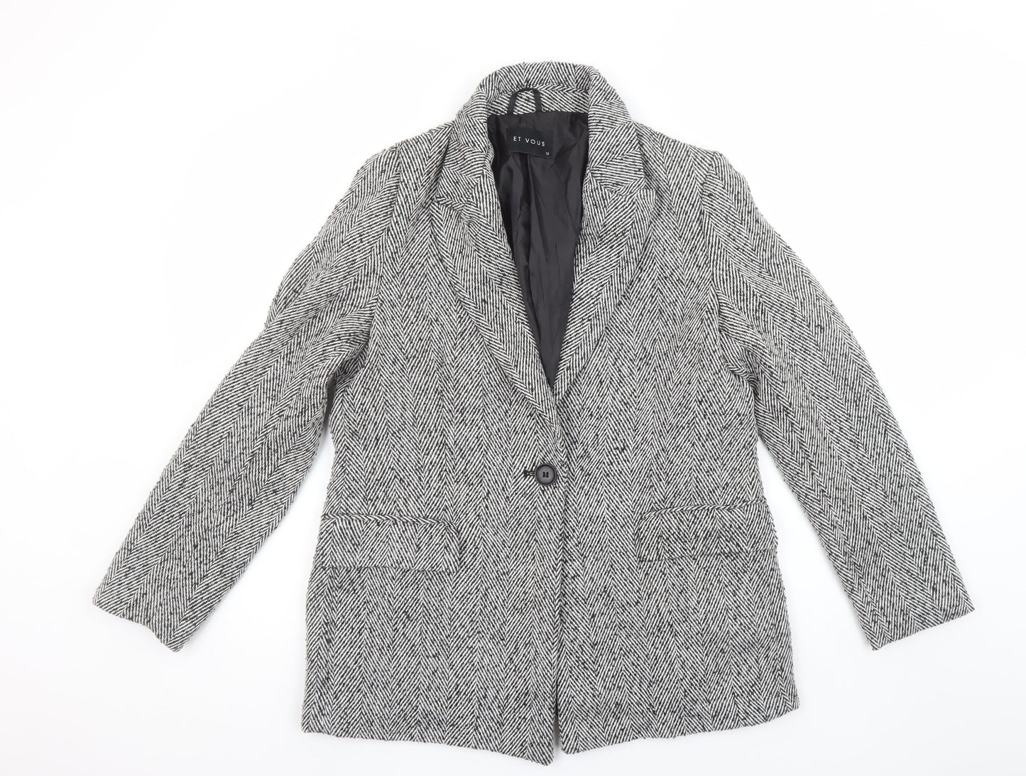 Et Vous Women's Grey Herringbone Single-Breasted Blazer Size 12 Wool Blend