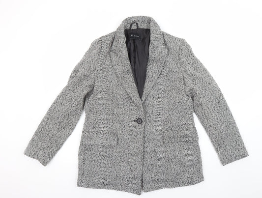 Et Vous Women's Grey Herringbone Single-Breasted Blazer Size 12 Wool Blend